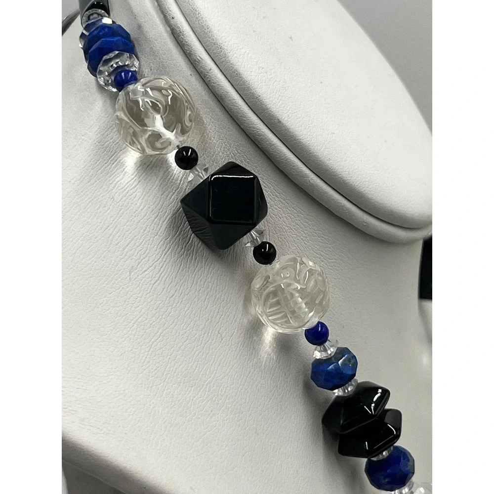 Neckings‎ by Paulette One of a Kind Chunky Carved Rock Quartz Blue Sodalite Onyx